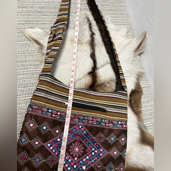 Bohemian indie beaded embroidered shoulder bag hobo printed multicolor geometric - Picture 2 of 6